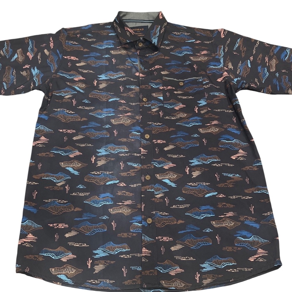 Nomad Boys Short Sleeve Button Down Shirt Navy Desert Mountain Print L 14/16